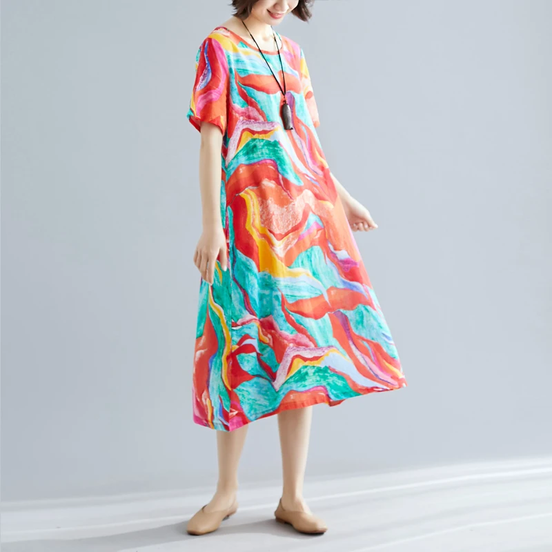 

Women Spring Floral Printed Loose Maxi Dress Oversize Elegant short Sleeve Beach Dresses Summer V-neck Long Split Dresses Mujer