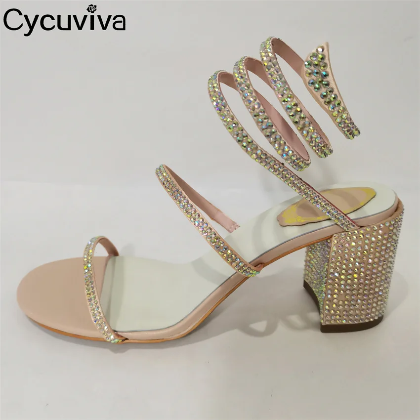 

Women Chunky High Heel Crystal Sandals Snake Around Ankle Strap Party Shoes Rhinestones Narrow Band Design Sandals Women Summer