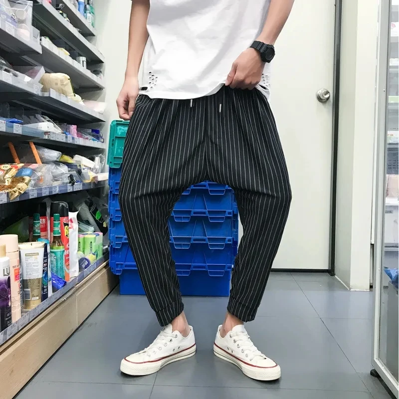 

Men Clothing Fashion Stripe Casual Pants Men's Spring Summer Elastic Waist Haren Pants Baggy Nine Points Pants Vetements Homme