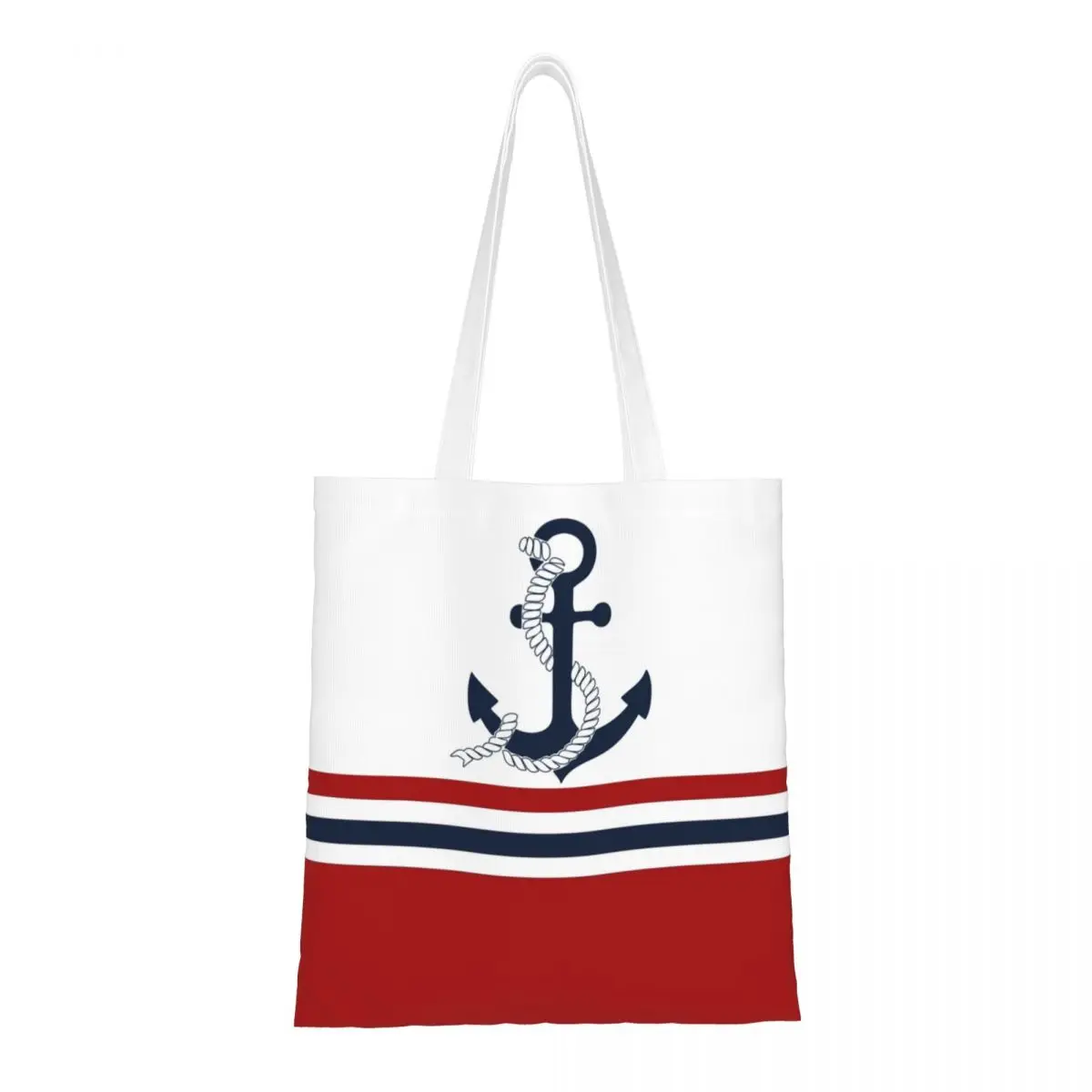 

Funny Printed Nautical Blue Anchors With Stripes Tote Shopping Bags Portable Canvas Shoulder Shopper Sailing Sailor Handbag