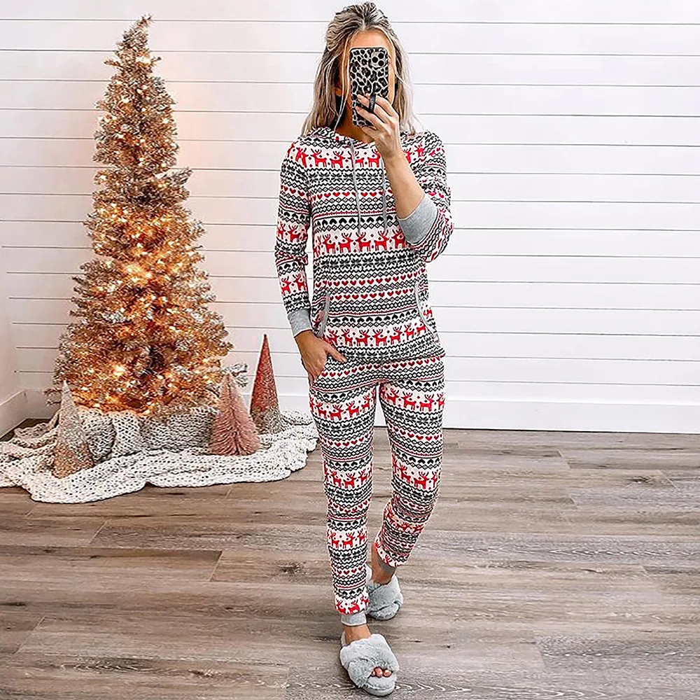 Christmas Plaid Print Hooded Drawstring Big Pocket Long Pants Set Women 2022 Spring Autumn New O Neck Top Pajamas Two Piece Suit