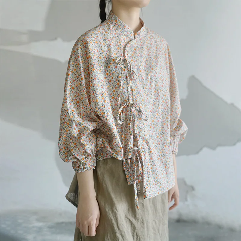 

Loose Chinese Style Qipao Shirt Women Hanfu Retro Belt Flower Print Summer Shirts Female Han Fu Cotton Traditional Blouse Tops