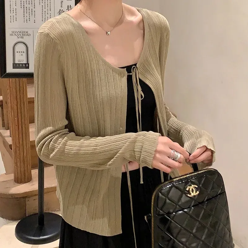 Летний тонкий вязаный кардиган женский тюлевой рубашка без рукавов из ледяного