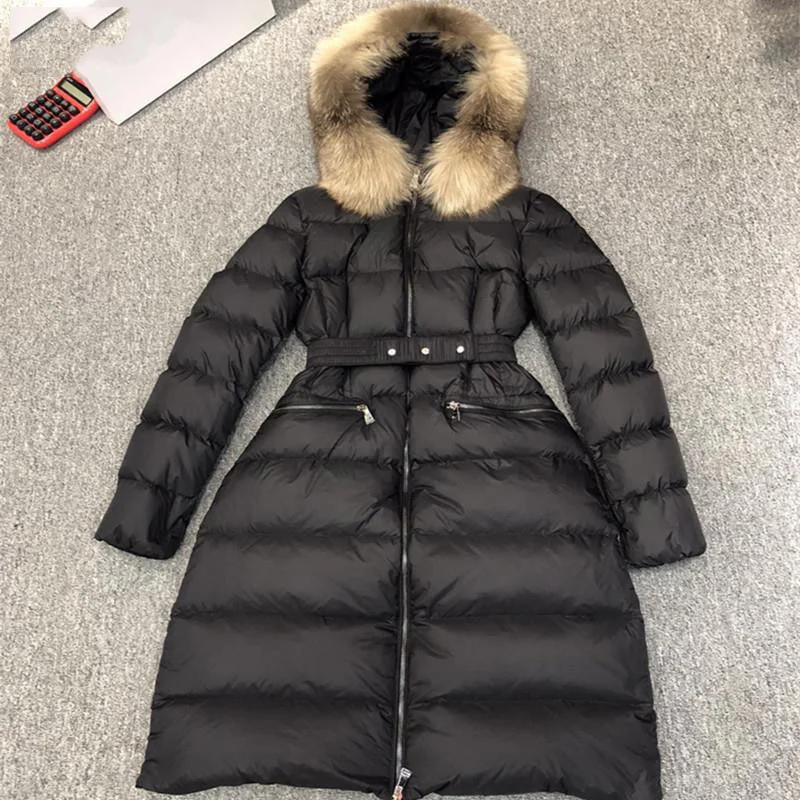 

Feather Overcoat Luxury Real Fox Fur Collar Long Duck Puffer Jacket Women Winter Black Thick Down Coat Belt