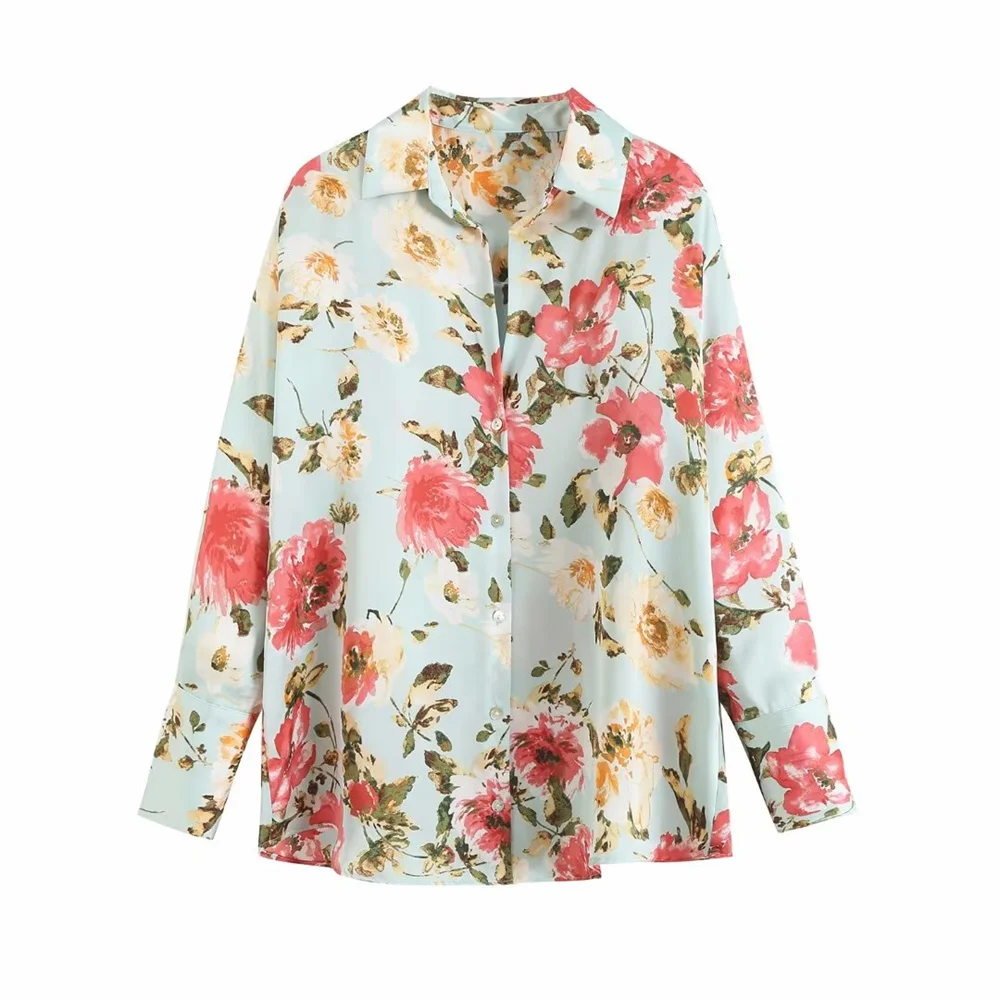 

UNIZERA 2023 Spring New Women's Clothing Ruili Sweet Casual All-match Flower Print Silk Satin Texture Shirt Female 7969235