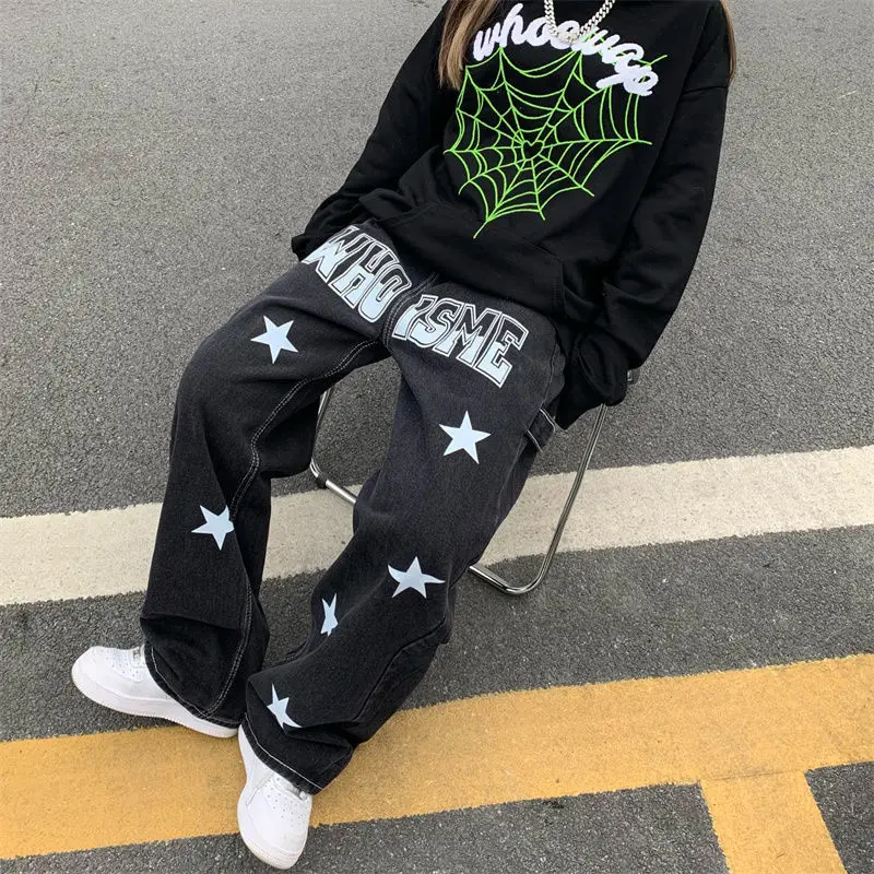 Men's Y2K Clothes Printed Strar Vintage Black Baggy Jeans Men Straight Trousers Denim Pants Streetwear For Women High Quality