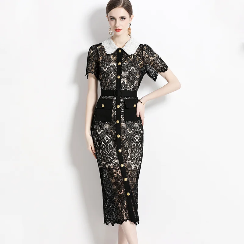 

Design Office Lady Turn Down Collar Mid-Calf Dress Lace Patchwork Slim Fit Single Breasted High Waist Fashion Bodycon Vestidos
