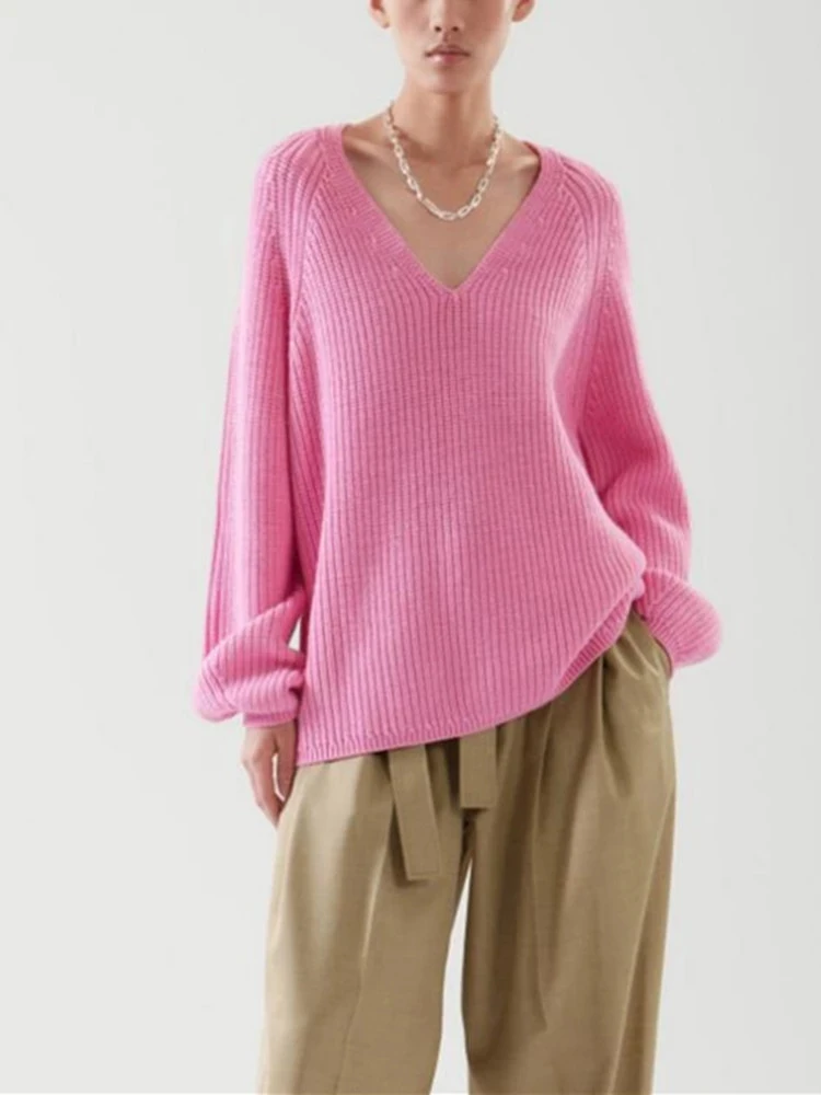 

Women's Loose V-neck Wool Pink Sweater 2022 Spring Female Simple Knitwear Pullover Long Sleeve Casual Jumpers