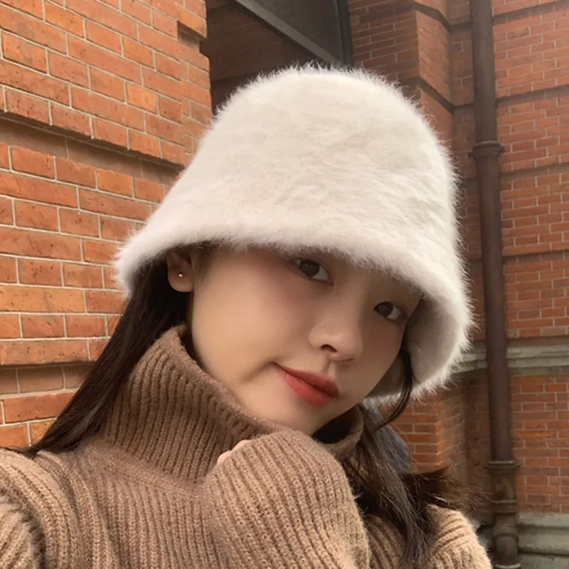 Autumn And Winter Bucket Hat Female Imitation Rabbit Fur Cover Face Bucket Hat Korean Cold-Proof Warm Plush Fisherman Hat Tide