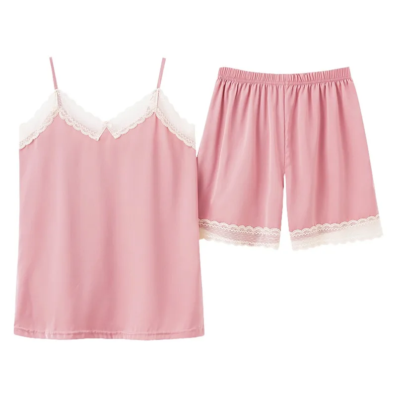 CAIYIER Lace Women Pajamas Set Silk Satin Cami Top and Shorts Sleepwear Summer V-Neck Nightwear Female Big Size Homewear M-3XL