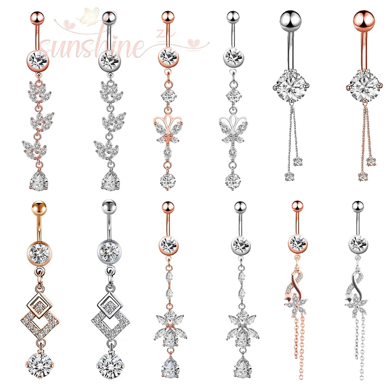 

13 Style Chain Belly Button Ring 316L surgical steel water drop AAA Zircon Dangle Belly Button Barbell Bar Navel Rings Piercing