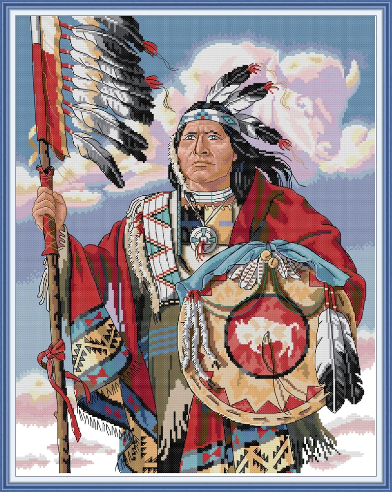 

Joy Sunday Pre-printed Cross Stitch Kit DIY Easy Pattern Aida 14/11CT Stamped Fabric Embroidery Set-Indian Chiefs