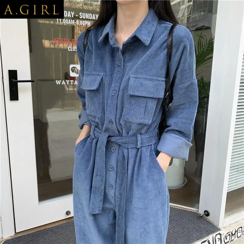 Jumpsuit Women Corduroy Button High Waist Autumn Female Streetwear Cargo Fashion College Vintage Leisure Design Loose Popular