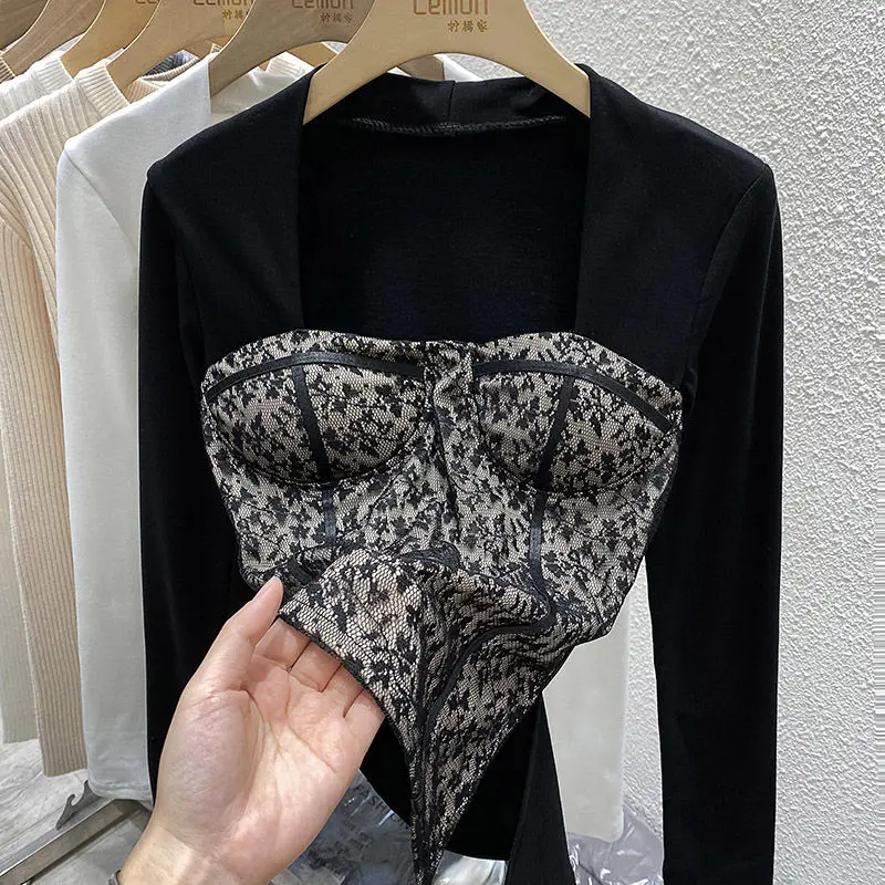 

Укороченный кружевной топ, футболка с квадратным воротником, сезон весна-осень-зима, облегающие рубашки, эластичные футболки, базовые пулов...