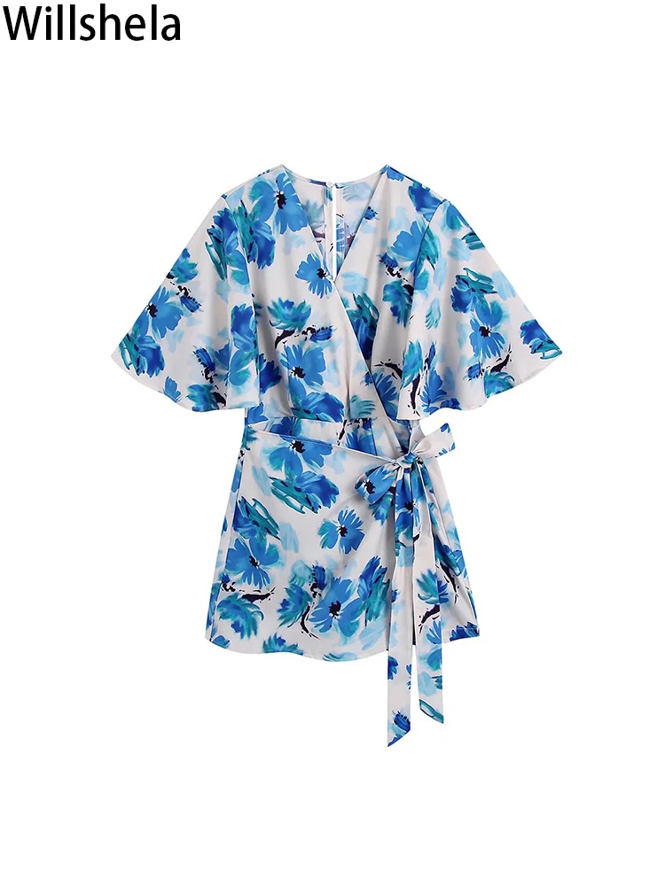 

Willshela Women Fashion Printed Bandage Back Zipper PlaySuits Vintage Short Sleeves V-Neck Female Chic Lady Rompers