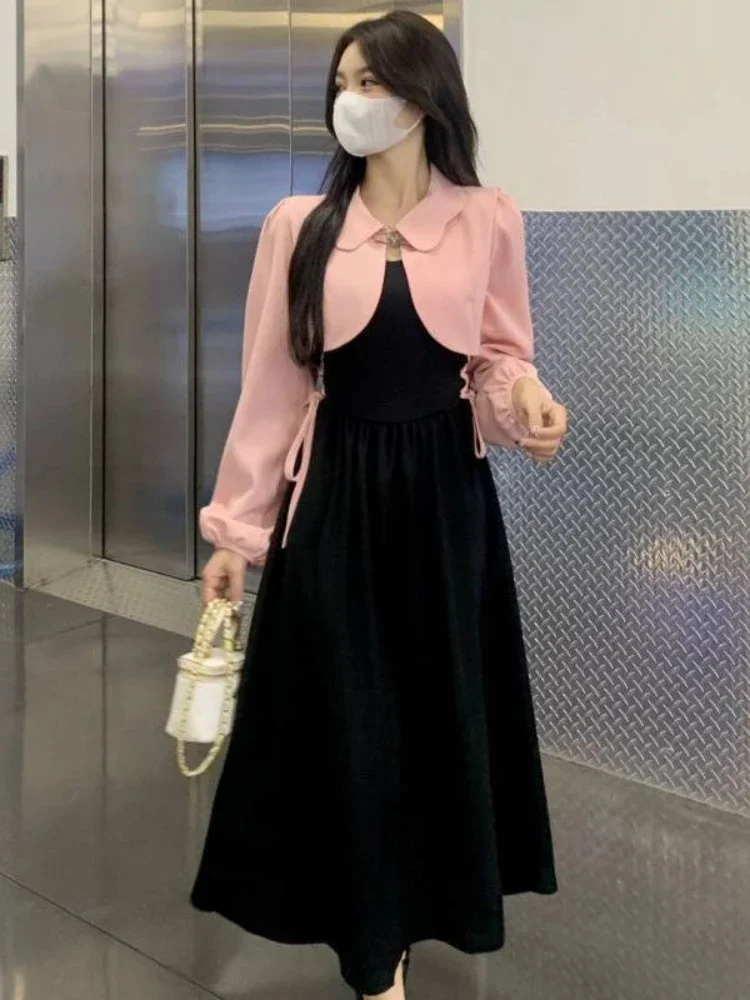 

2023 Autumn Korea Elegant Women Two Piece Set Sweet Pink Coat + Black A Line Strappy Dress Retro Female 2pc Dress Set Outfits
