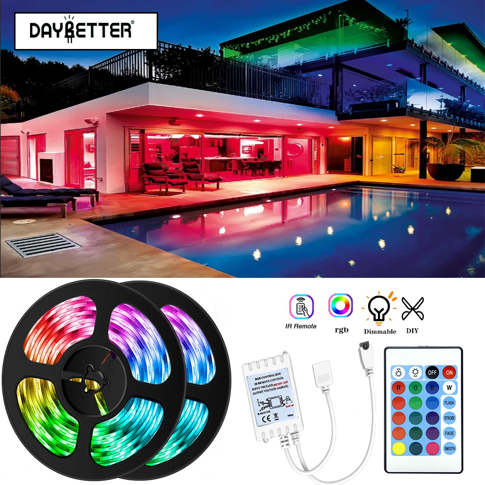 DAYBETTER LED Strip Light 2835 SMD RGB Multi-Color Changing Lights 16.4ft Rope with IR Remote Controller DC12V For Home Decor