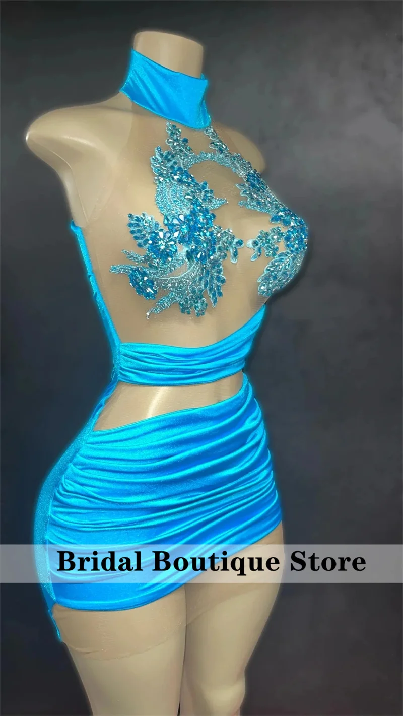 

New Blue Diamonds Short Prom Dress Halter Luxury Beads Rhinestones Birthday Party Cocktail Gowns Robe De Bal Homecoming