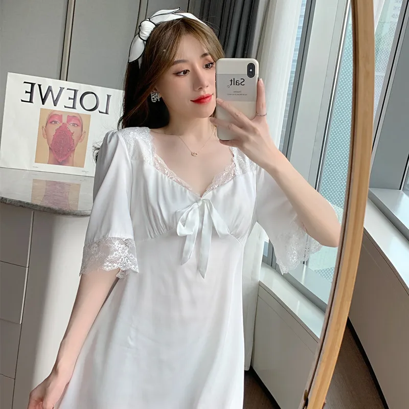 Sleep Top Ice Ribbon Chest Pad Long Knee-length Lace Princess Palace Thin Pajamas Worn Outside Home Clothes Woman Sleepwear Sets