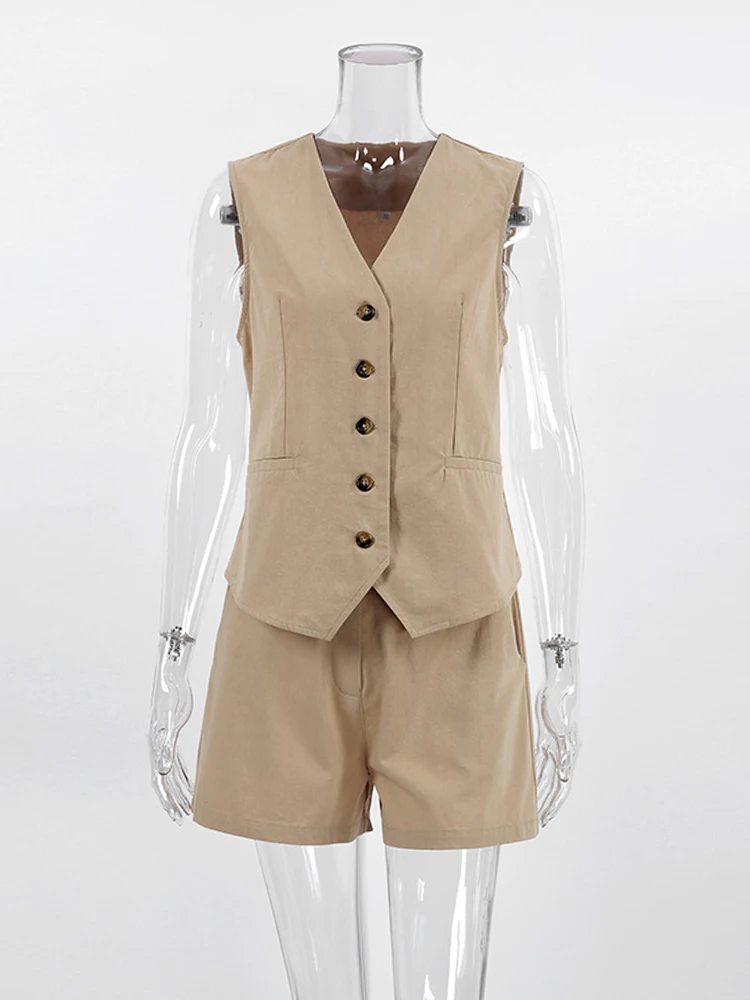 

2023 Spring Summer Women Solid Khaki Office Shorts Set Outfits V-neck 2 Two Piece Matching Sets For Women