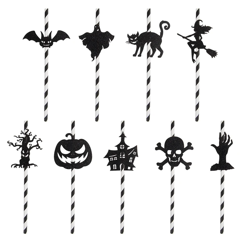 

9pc/18pcs Halloween Straw Topper Pumpkin Bat Drinking Disposable Drinking Paper Straw Halloween Decor Accessories Party Supplies