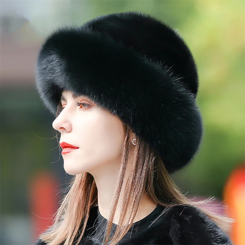 Fox And Mink Fur Hat Bucket Beanies Caps Women Soft Thickened Berets Hat Lady Elegant Winter Outdoor Windproof Warm Hatat