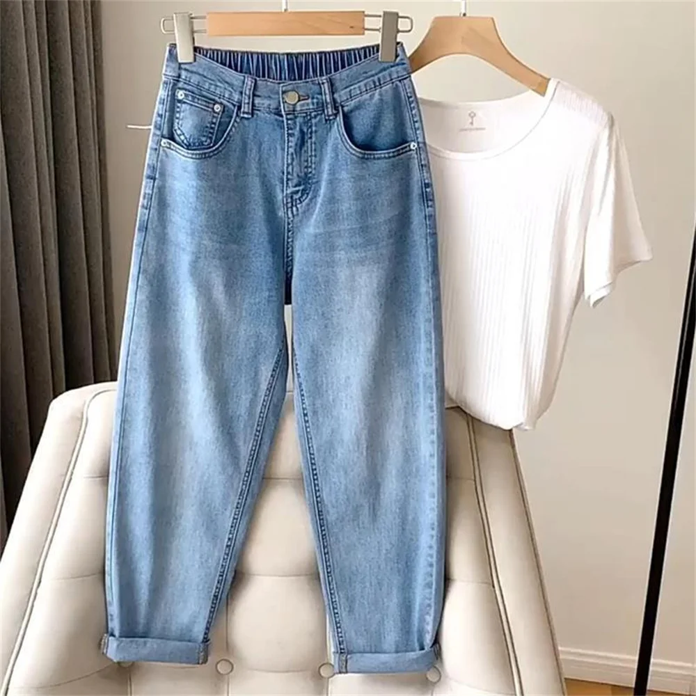 

Women Jeans Harem Ankle-length Trousers Female Elastic Waist Solid Washed Simple Stylish 4XL Korean Style Fashion Casual Loose