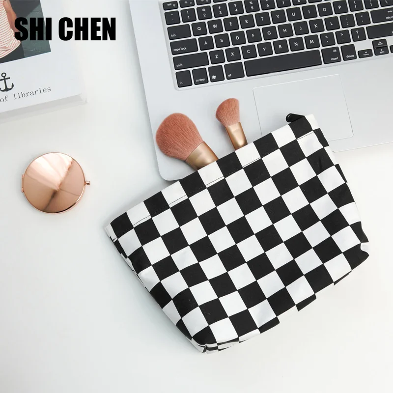 

Новинка 2022, черно-белая сумка для проверки макияжа, вместительная сумка для кистей для макияжа, сумка для хранения, Портативная сумка для ту...