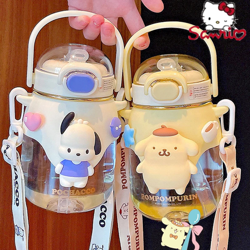 

Sanrio Hello Kitty Kuromi Cinnamoroll Cartoon Straw Water Cups Summer Children Students Portable Slant Across The Water Bottle
