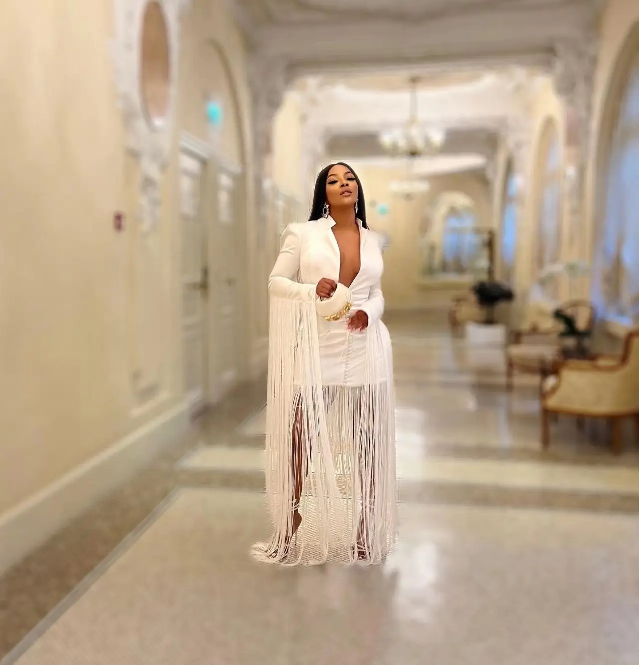 Women Fashion Tassel  Evening Dress Deep V-neck Long Sleeve Party Dress Sexy Slim Waist Lady Office Dresses