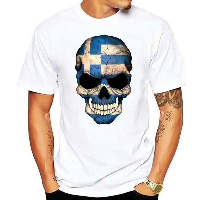 

Dropship High Quality Men's Cotton Tee Shirts Greek Flag Skull Printed On T-Shirts Light Blue DJ Rock Punk Band T Shirt For Male