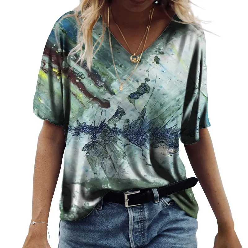

Women Fashion V-neck Cotton Short Sleeve Top 2022 Elegant Casual Floral Print Pullover Summer Loose All-match Ladies T-shirt