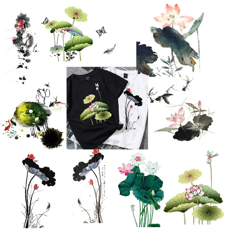

Chinese Style Ink Painting Flowers Thermal Sticker Lotus Iron On Patches For Clothes Girls Dress Patch Heat Transfer For T-shirt