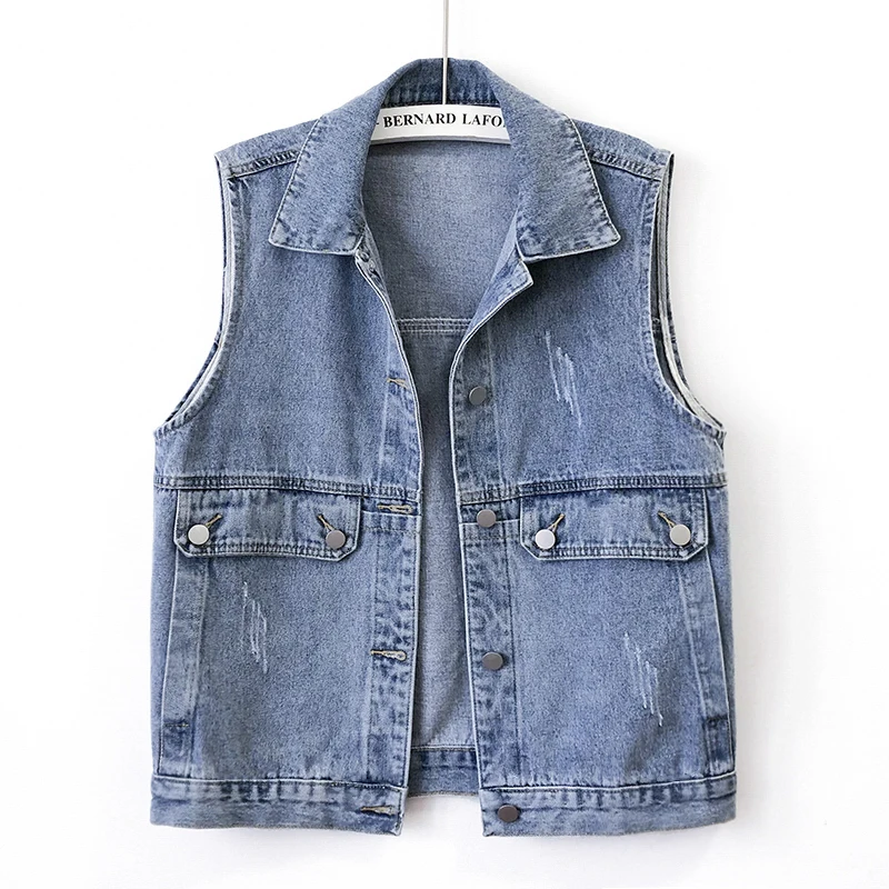 

Винтажный синий свободный короткий джинсовый жилет, Женский студенческий жилет, Повседневная ковбойская куртка без рукавов, Потертая джин...