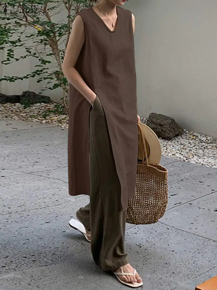 

Платье ZANZEA женское без рукавов с V-образным вырезом, модное элегантное свободное однотонное офисное средней длины, с разрезом, большие разме...