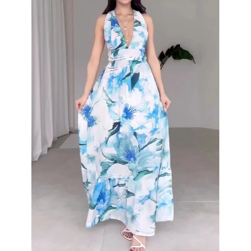

2023 Women's Summer New Women's Clothing EBay off-Shoulder Backless Printed Chiffon Dress
