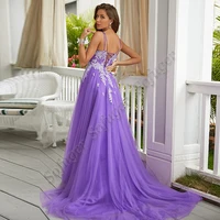 purple aline beads evening dresses prom pleat appliques robe de soiree girls graduation celebrity vestidos fiesta women formal