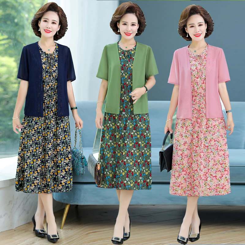 

Mother Summer Dress Two Piece Set Women Fashion Chiffon Vestido de mujer Casual Slim set Women Clothing