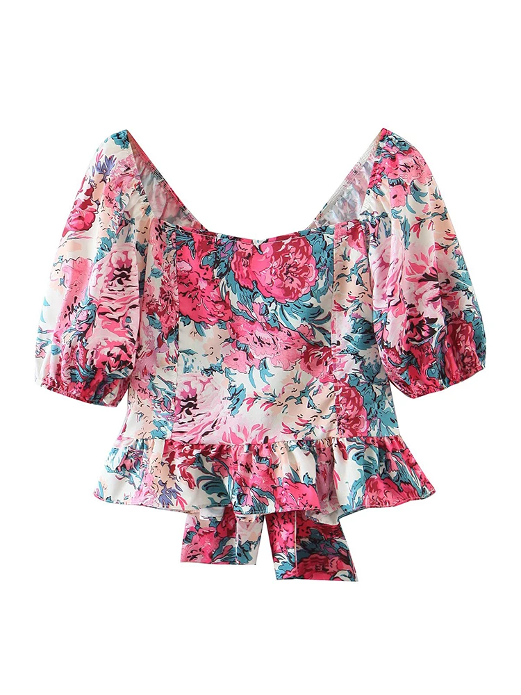 

Женская блузка с цветочным принтом, открытой спиной и бантом