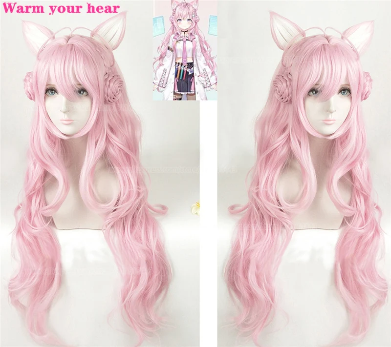 80cm Long Light Pink Hakui Koyori Cosplay Wig VTuber Hololive Hakui Wig with Fox Ears Wavy Heat Resistant Hair Wigs