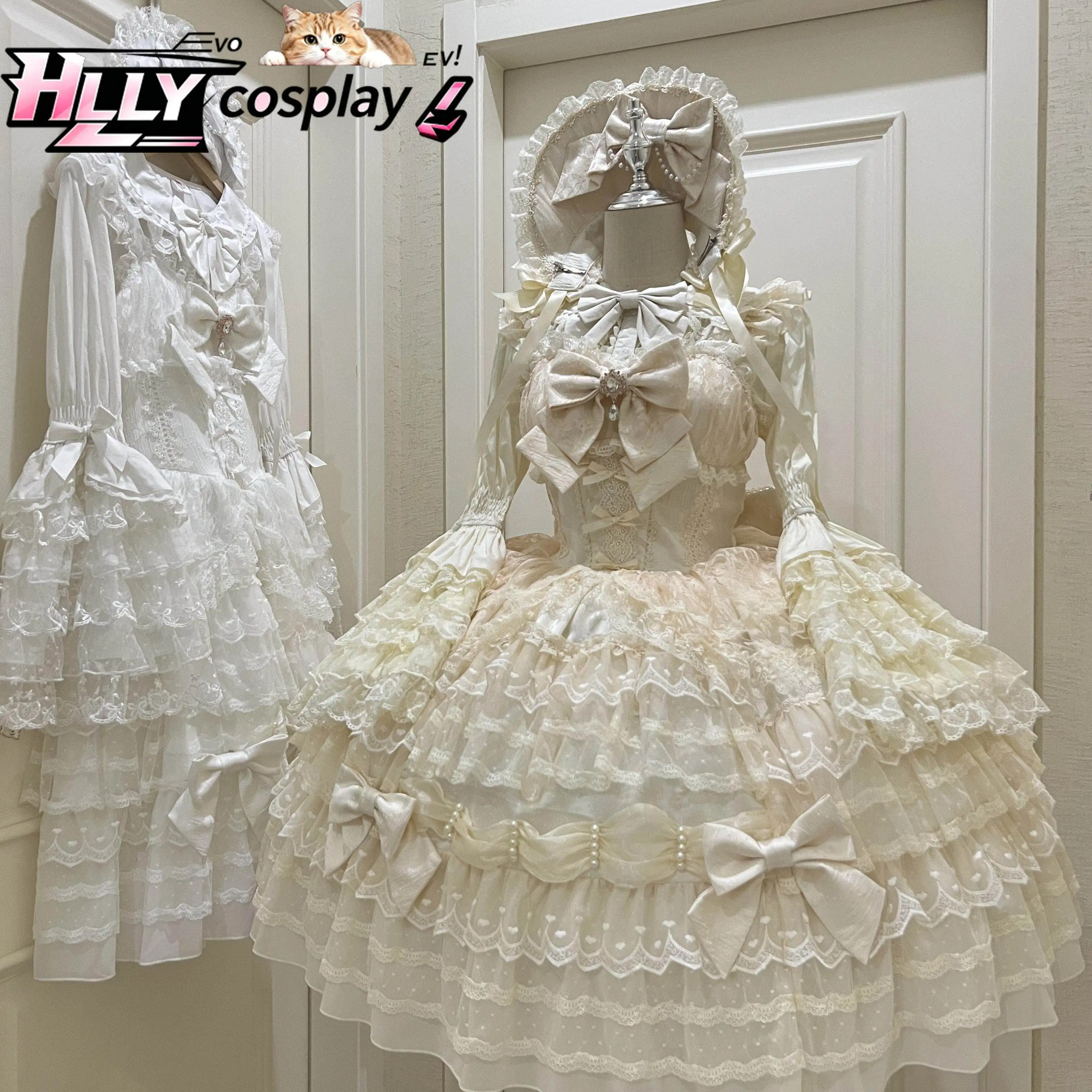 Фото Оригинальное платье JSK в стиле Sweet Lolita, розово-белое, с многоярусными оборками, кружевом и бантом, в кукольном стиле, винтажное, зимнее/осеннее, на бретельках №2