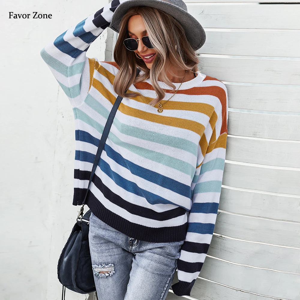 

Женский трикотажный свитер в полоску, повседневный Свободный пуловер с круглым вырезом и длинными рукавами, весна-осень 2022
