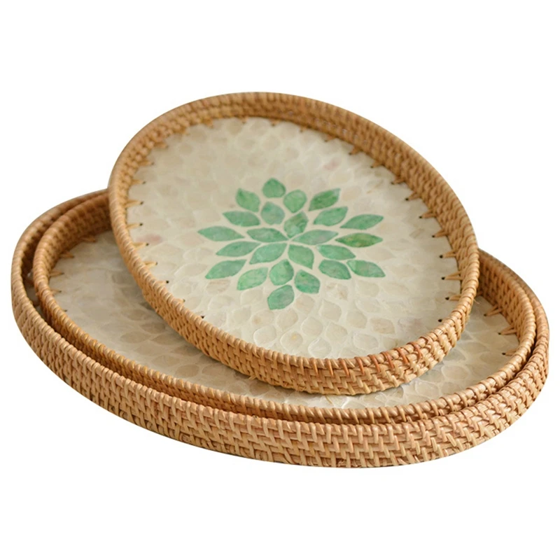 

3 Pack Rattan Shell Tray Creative Woven Snack Storage Basket For Living Room Fruit Basket Home Storage Tray