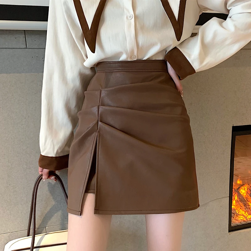 

Black PU Leather Skirt Women High Waist A-line Skirt Split Package Hip Skirts Summer Korean Slim Folds Mini Short Skirts Female