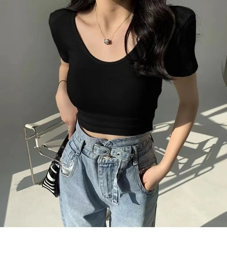 

O Neck Knit White Crop Top Women Summer Casual T Shirt Basic Sexy Streetwear Ribber Black Short Sleeve Tops