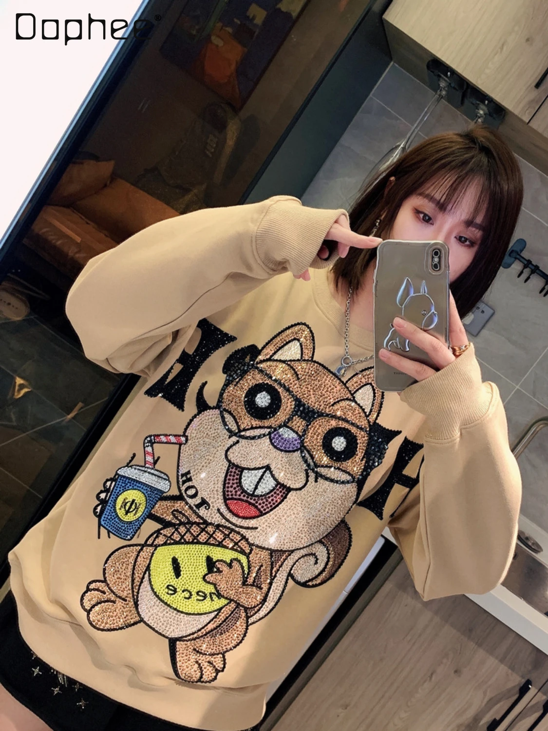 Fashion Brand Heavy Embroidery Hot Drilling Sweatshirts Women's Round Neck Cartoon Printed Casual Loose Long Sleeve Hoodies Coat