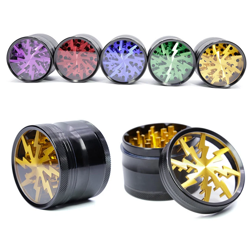 

Tobacco Grinder 63MM 4-layer Aluminum Alloy Spice Weed Cutter Transparent Smoking Herb Cutter Lightning-Shaped Tobacco Grinder