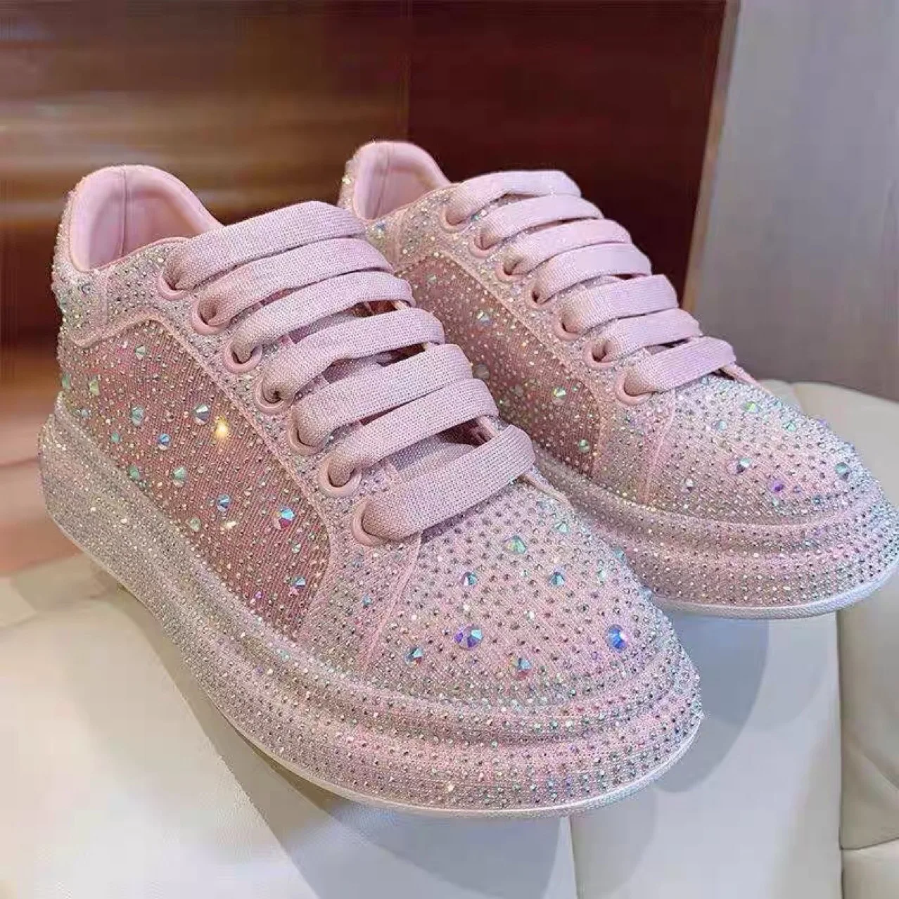 Shoes for Women Tennis Shoes Rhinestone Transparent Crystal Sneakers Women Thick Soles Non-slip Large Size Versatile Shoes 40-43