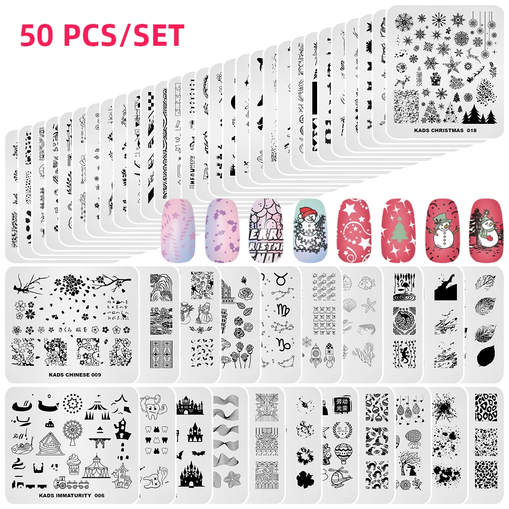 

KADS 50pcs Nail Stamp Plates Set Christmas Halloween Flower Chinese Stamp Template Kit Nail Art Image Stamp Plate Print Tool