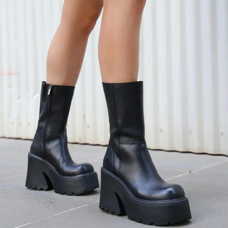 

2022 Autumn Mid-heel Mid-boots Women's Thick-soled Women's Boots White Fashion Street Style Thick-soled Boots Platform Boots